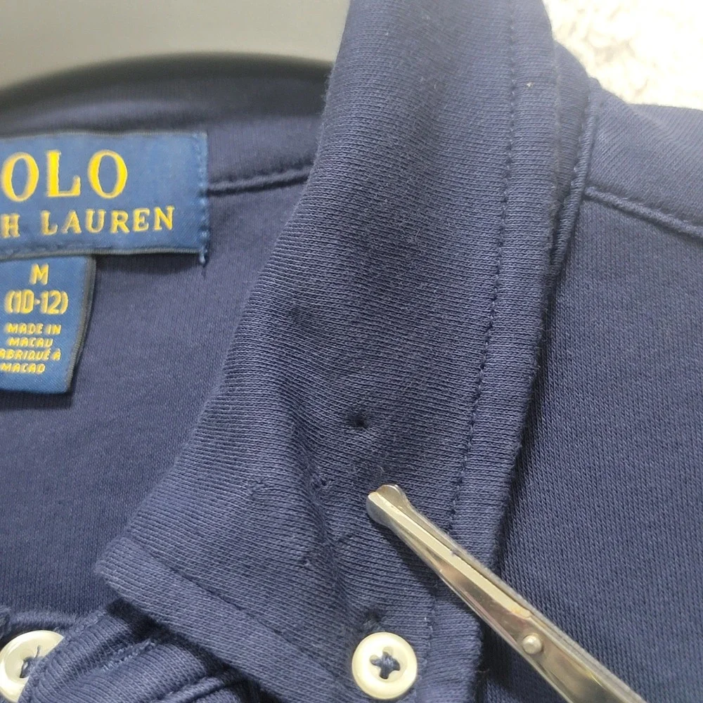 Polo Ralph Lauren Boys M 10-12 Navy Knit ButtonDown Shirt Striped Placket Preppy